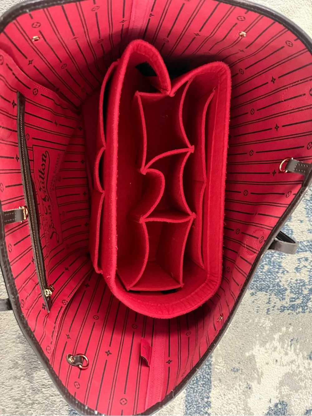 Louis Vuitton Brown Damier Canvas Shoulder Tote with Red Lining